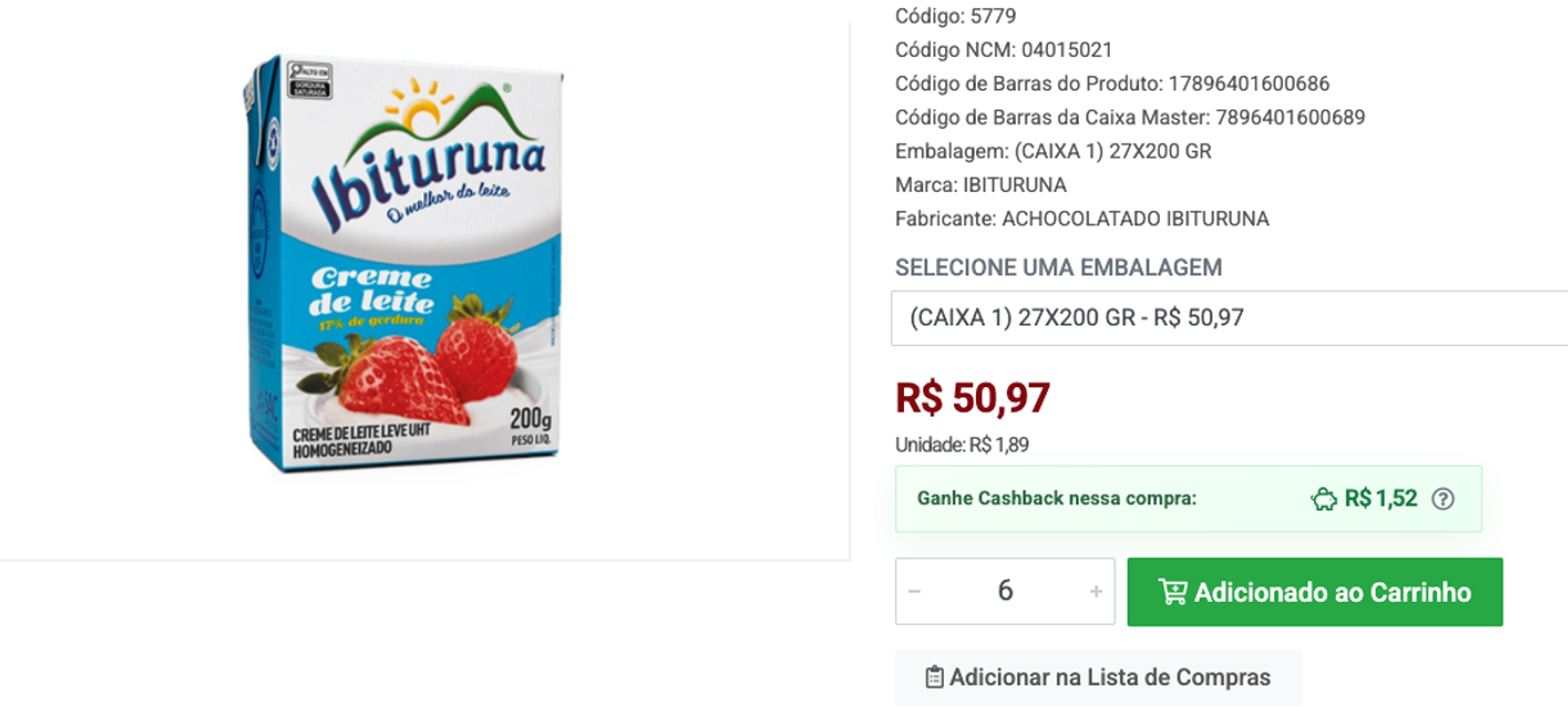 Produto com imagem, preço e valor de cashback previsto para a compra