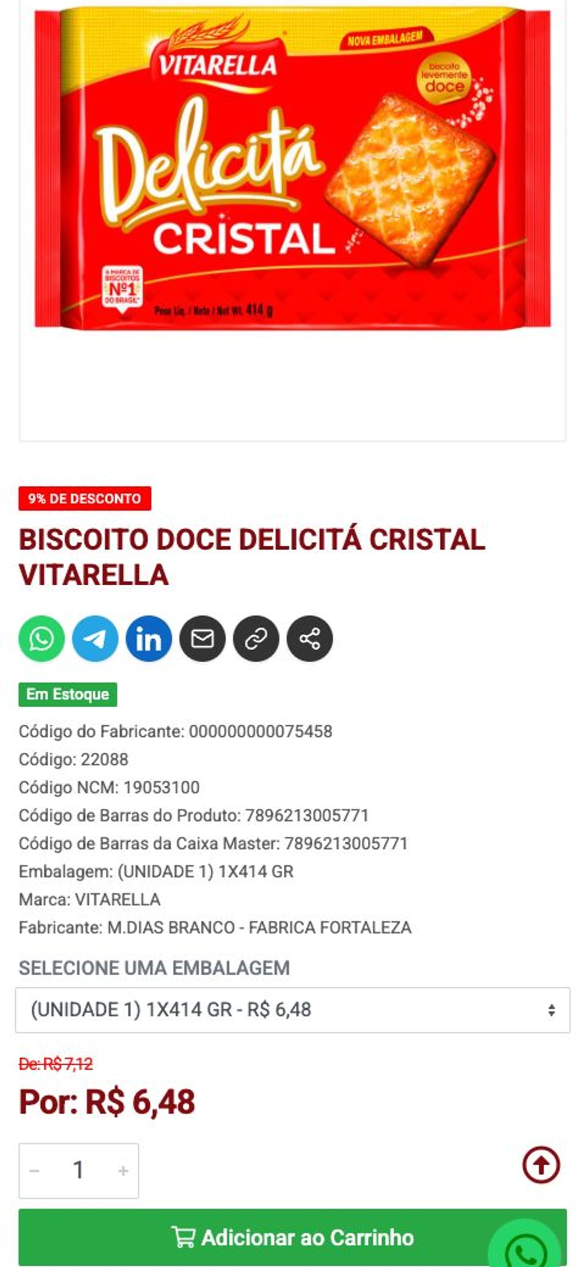 Página de produto no App com estoque, códigos, embalagem, fornecedor, dimensões, preço, quantidade e ação de compra