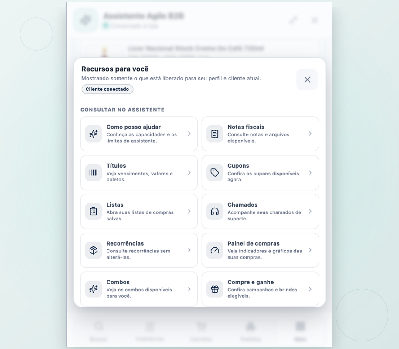 Janela ampliada do Assistente Agile B2B mostrando atalhos reais para notas fiscais, títulos, cupons, listas, chamados, recorrências, painel de compras, combos e campanhas