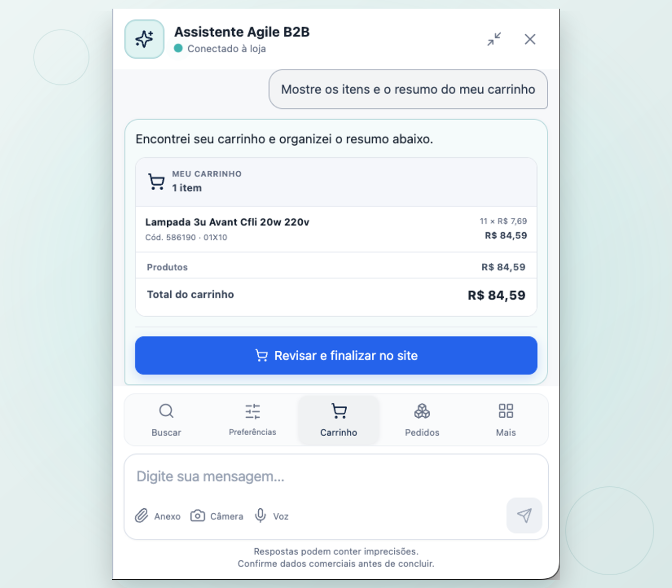 Janela ampliada do Assistente Agile B2B exibindo o carrinho atual com item, quantidade, valores e ação para revisar e finalizar na Loja Demo autenticada