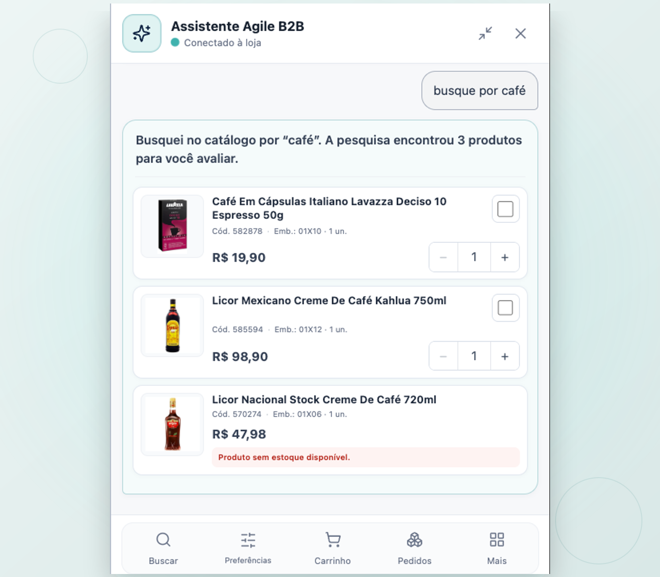 Janela ampliada do Assistente Agile B2B exibindo a busca por café e três produtos reais na Loja Demo autenticada