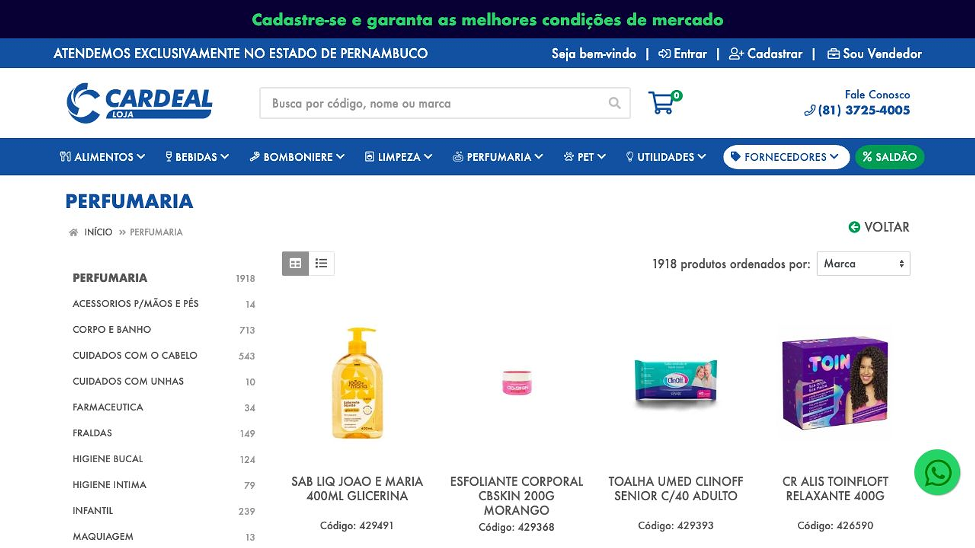 Categoria de produtos com faixa comercial, busca, filtros laterais, ordenação e variedade de itens