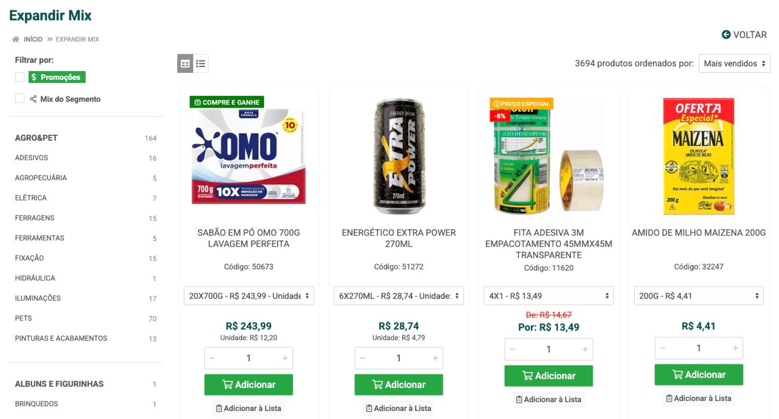 Lista real de Expandir Mix do Goiás Atacado com categorias, produtos variados, preços, quantidades e ações comerciais