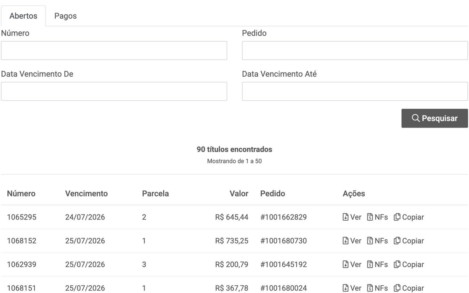 Títulos financeiros com filtros, vencimentos, valores, pedidos relacionados e ações disponíveis