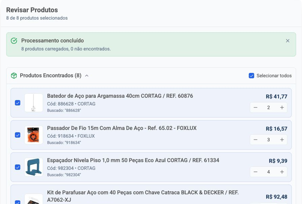 Assistente de importação com oito produtos encontrados, imagens, códigos, preços e quantidades para revisão